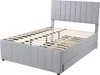 A grey upholstered bed frame with a slatted base and a headboard, shown against a white background. Produktbild-Vorschau