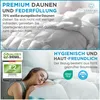 A split image showing a close-up of a white duvet in the top half and a woman sleeping on a duvet in the bottom half, with marketing text and logos. Produktbild-Vorschau