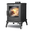 A black wood-burning stove with a fire inside, shown from the front. Náhľad obrázku produktu