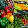 A split image showing a comparison of fruits and vegetables, with the left side labeled 'vorher' (before) and the right side labeled 'nachher' (after). The 'before' side shows fresh produce like strawberries, peppers, and asparagus. The 'after' side shows  Produktbild-Vorschau