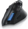 A black wireless vertical mouse with blue LED lights is shown on a white background. Produktbild-Vorschau