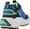 A close-up rear view of a single blue sneaker with pixelated design elements. Voir les images du produit