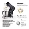 A black and silver kitchen mixer with various attachments and informational text. The image is divided into sections showcasing the mixer's features and capabilities. Náhled obrázku produktu