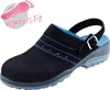 A black clog-style shoe with blue accents and a slingback strap, presented on a white background. A graphic overlay indicates 'Women's Fit' with a footprint icon. Produktbild-Vorschau
