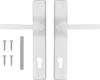 A pair of white door handles with screws and a metal strip on a white background. Produktbild-Vorschau