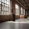 Interior of a loft-style apartment with large windows, brick walls, a sofa, and a decorative sculpture on a wooden pedestal. Náhled obrázku produktu