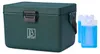 A green cooler box with two blue ice packs next to it, on a white background. Produktbild-Vorschau