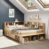 A bedroom with a wooden bed frame, shelves, and a skylight. Náhľad obrázku produktu