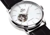 Close-up of an Orient automatic watch with a white dial and black leather strap. Podgląd zdjęcia produktu