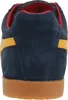 The back view of a blue and yellow sneaker. Produktbild-Vorschau