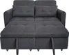A dark gray sofa bed is shown in its partially opened state, revealing storage compartments underneath. The sofa has two seat cushions and two back cushions, all with button tufting. The bed portion is extended forward, showing the mattress base. Anteprima dell’immagine prodotto