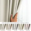 A hand is shown touching a cream-colored curtain, with a series of smaller images below demonstrating the curtain's color under different lighting conditions. Podgląd zdjęcia produktu