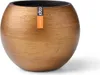A round, golden-brown planter pot with a textured finish, shown against a white background. A small orange tag with black text is attached to the side of the pot. Produktbild-Vorschau