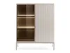 A modern, minimalist display cabinet with glass doors and integrated LED lighting, set against a white background. Produktbild-Vorschau