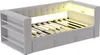 A light gray upholstered daybed with a slatted mattress base, built-in shelves on one side, and an LED light strip at the headboard. Produktbild-Vorschau