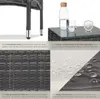 A collage of images showcasing details of a rattan furniture set, including its feet, tabletop, weave, and water-repellent fabric. Náhled obrázku produktu