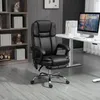 A black office chair with a footrest is shown in a modern office setting, next to a desk with a computer. Produktbild-Vorschau