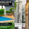 A split image showing an outdoor shower by a pool on the left and a close-up of a modern outdoor shower with a stone wall background on the right. Produktbild-Vorschau