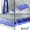 A collage of four images showing different parts of a modular metal pegboard tool organization system with blue plastic accessories. Produktbild-Vorschau