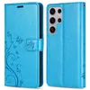A blue flip-style phone case with a butterfly and floral design is shown from the front and back. Produktbild-Vorschau
