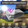 A split image showing a tarp under bright sun on one side and heavy rain on the other, with feature icons at the bottom. Produktbild-Vorschau