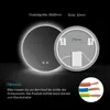 A circular LED mirror is shown from the front and back, with dimensions and installation notes. Wires are also visible. Produktbild-Vorschau
