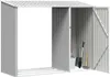 An open metal storage shed with gardening tools inside. Produktbild-Vorschau