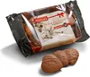 A package of gluten-free gingerbread hearts with milk chocolate coating, with three cookies in the foreground. Produktbild-Vorschau