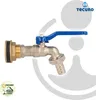 A close-up studio shot of a brass and silver ball valve with a blue handle, designed for water tanks and rain barrels. The product is shown against a white and light gray background with subtle circular overlays. Produktbild-Vorschau