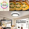 A collage showing a ceiling lamp, a close-up of food, and a tablet displaying the lamp in a room. Produktbild-Vorschau