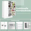 A white kitchen cabinet with its doors open, displaying shelves filled with various food items and kitchenware. The image is divided into sections, with a larger image of the cabinet and smaller detail shots below. Produktbild-Vorschau