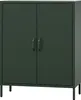 A dark green metal cabinet with two doors and four legs, shown from the front. Produktbild-Vorschau