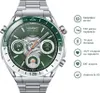 A smartwatch with a green dial and silver metal strap, displayed with feature callouts on the right side. Podgląd zdjęcia produktu