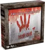 The image shows the front of a Trivial Pursuit board game box with a horror theme. The box has a distressed wood frame and a metallic-looking surface splattered with red paint, resembling blood. A bloody handprint is prominently displayed on the front. Produktbild-Vorschau
