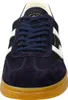 Front view of a navy blue sneaker with white stripes and a tan sole. Anteprima dell’immagine prodotto