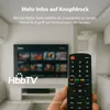 A hand holding a remote control in front of a television screen displaying a menu. Produktbild-Vorschau