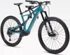 A teal electric mountain bike with a child seat attached, shown against a white background. Produktbild-Vorschau