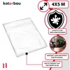 A transparent plastic sheet is shown, with various marketing graphics and text highlighting its features and dimensions. Produktbild-Vorschau