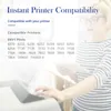 A woman is standing next to a printer, holding a tablet. Text overlays provide printer compatibility information. Produktbild-Vorschau