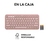 A pink Logitech keyboard with two batteries and FSC certification. Produktbild-Vorschau