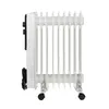 A white oil-filled radiator with black controls and wheels, shown in profile against a white background. Náhled obrázku produktu
