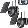 Two black solar-powered security cameras with attached solar panels are displayed against a white background. A smartphone screen showing a blue car in a garage is visible in the upper right corner. Produktbild-Vorschau