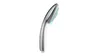 A silver-colored shower head with water droplets falling from it, set against a white background. Produktbild-Vorschau