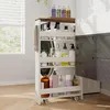 A slim rolling storage cart filled with various bottles and containers, placed next to a washing machine and a countertop in a bathroom or laundry room setting. Podgląd zdjęcia produktu