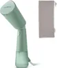 A green handheld garment steamer and a gray fabric pouch against a white background. Produktbild-Vorschau