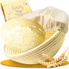 A round bread proofing basket with a dough inside, a cloth liner, and a small package with text and graphics. Produktbild-Vorschau