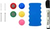 A collection of whiteboard accessories including magnets, screws, wall plugs, an eraser, and a marker. Produktbild-Vorschau