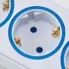 A close-up view of a white power strip with blue accents and gold electrical contacts. Produktbild-Vorschau