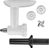 A set of kitchen appliance attachments, including a meat grinder attachment, grinding plates, a blade, and a pusher, arranged on a white background. Podgląd zdjęcia produktu