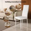 A white chair is shown in a living room setting with multiple circular insets showing different room scenarios. Náhled obrázku produktu